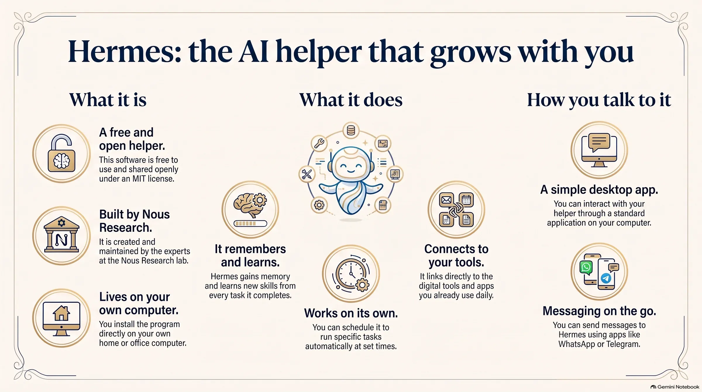 Infographic «Hermes: the AI helper that grows with you»: what it is, what it does and how you talk to it