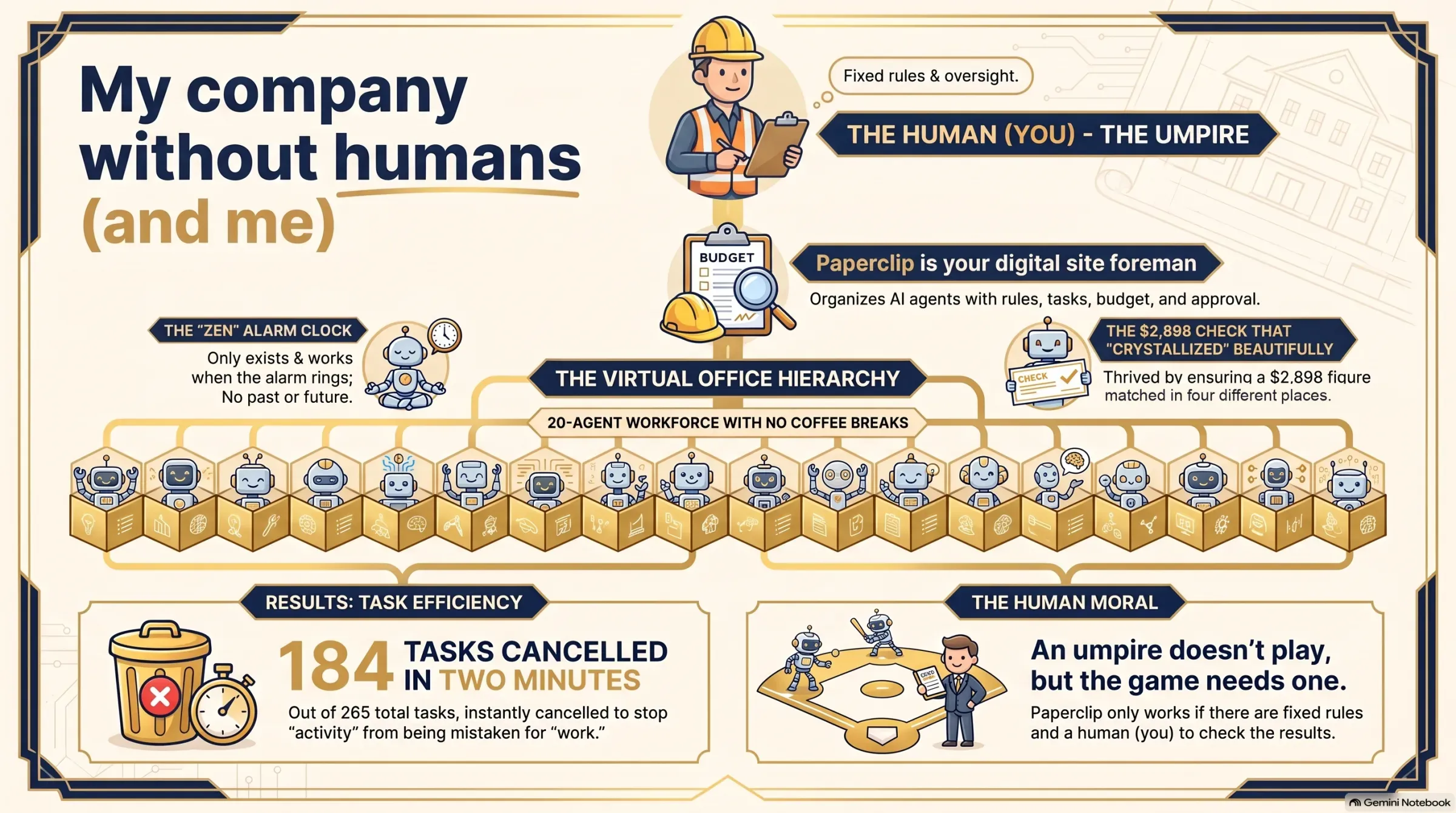 Infographic «My company without humans (and me)»: Paperclip as a site foreman, the 20 agents, the 184 tasks cancelled in two minutes and the reviewer of the 2,898 dollars