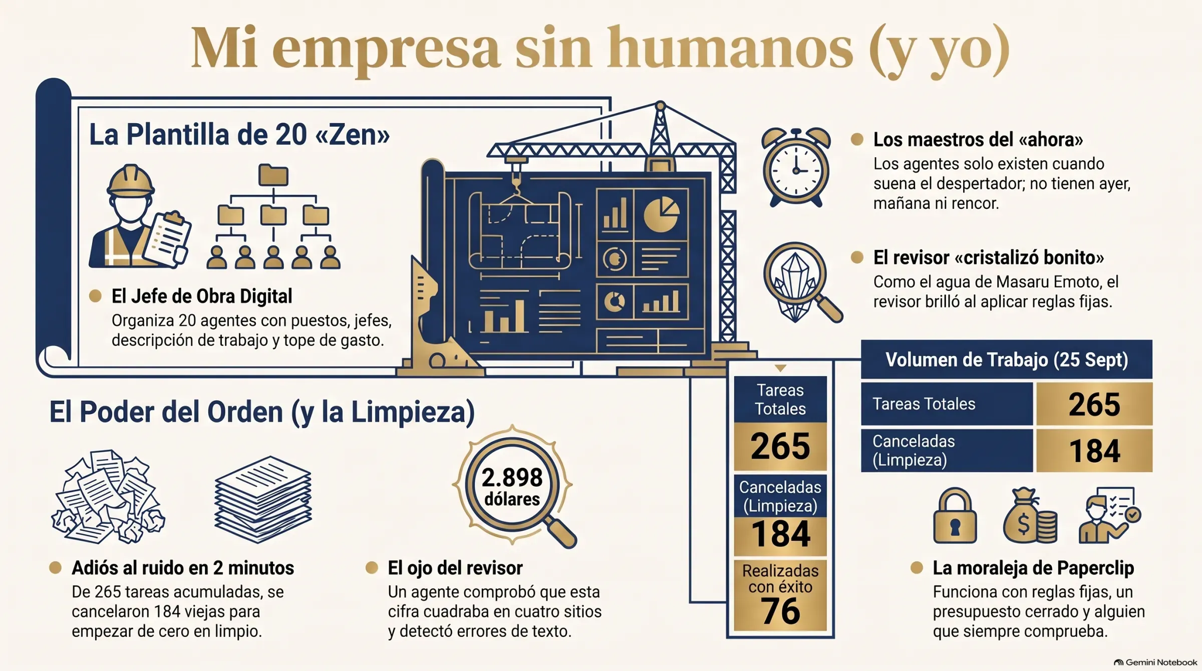 Infografía «Mi empresa sin humanos (y yo)»: Paperclip como jefe de obra, los 20 agentes, las 184 tareas canceladas en dos minutos y el revisor de los 2.898 dólares