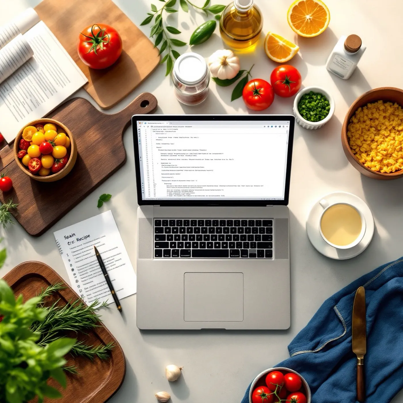 Laptop with code surrounded by cooking ingredients