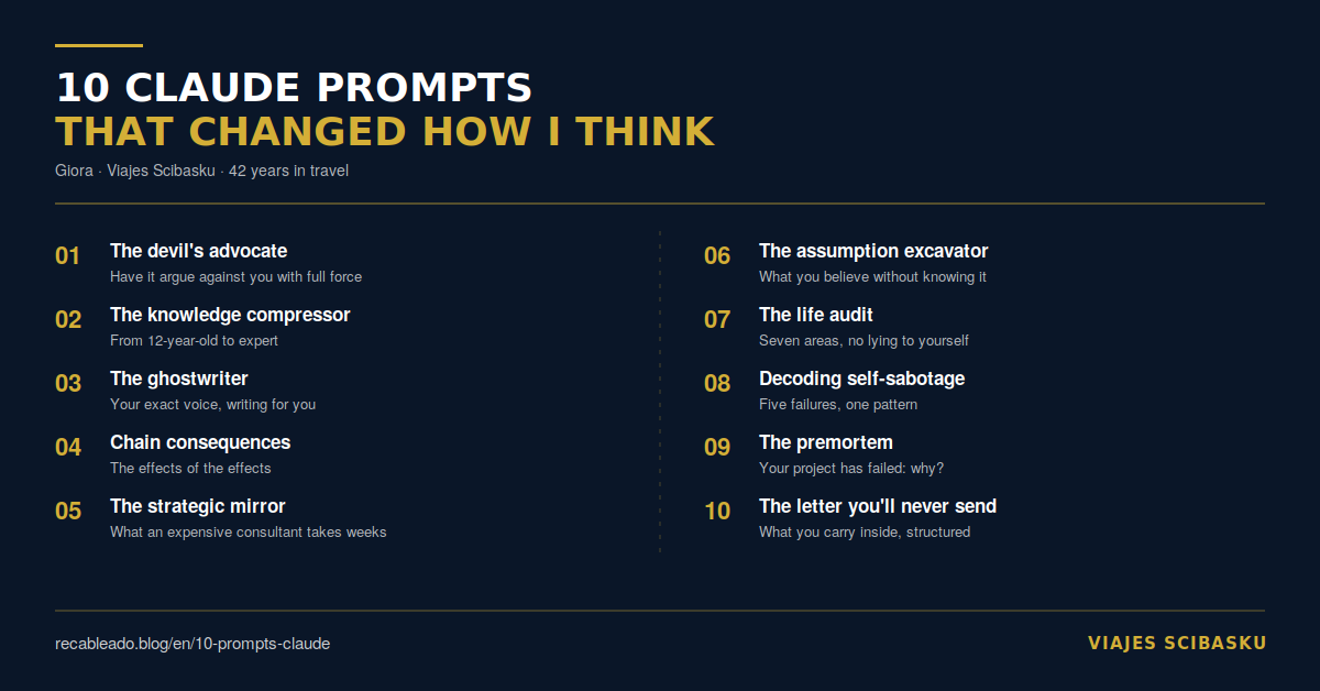 Horizontal infographic with 10 Claude prompts — 1200x628 format for blog and Twitter