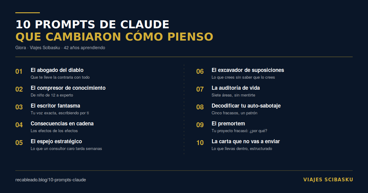 Infografía horizontal con los 10 prompts de Claude — formato 1200x628 para blog y Twitter
