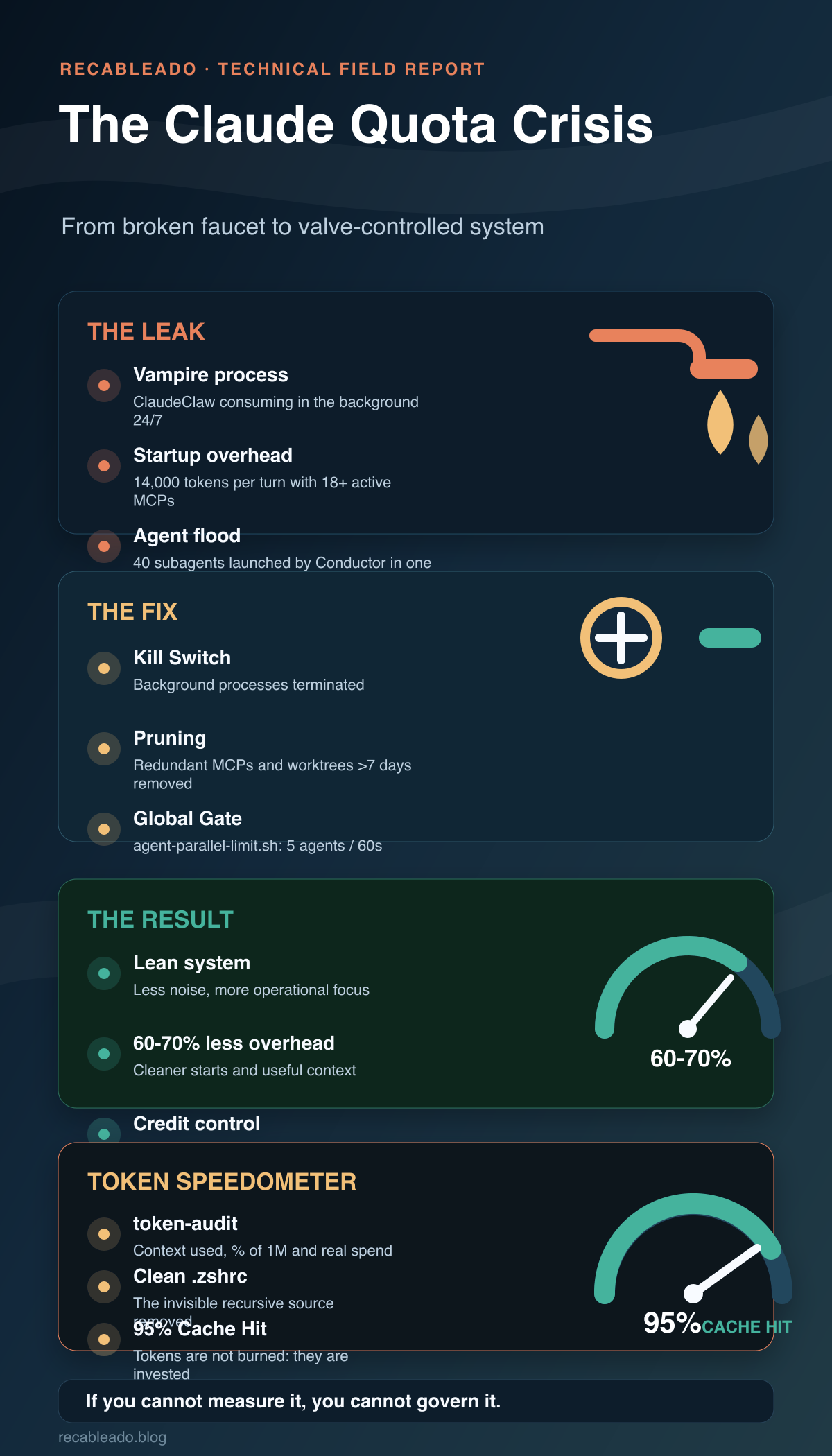 Technical infographic for the Claude Quota Crisis: from leak to valve-controlled system