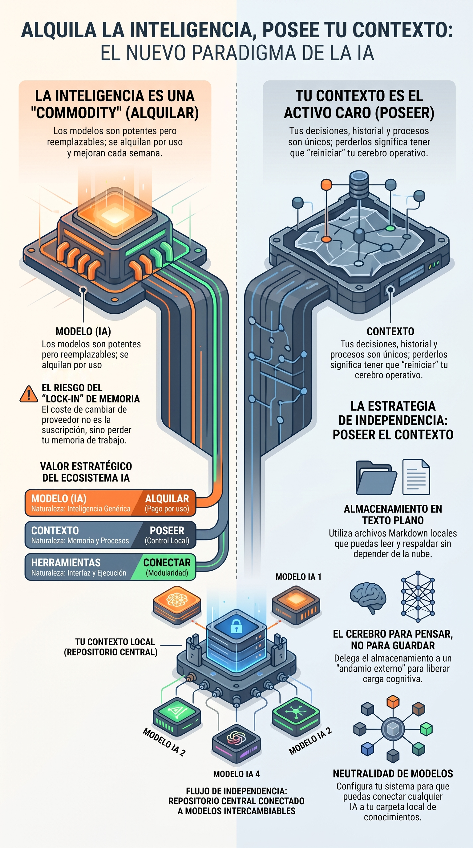 Infografía: alquila la inteligencia, posee tu contexto — el nuevo paradigma de la IA