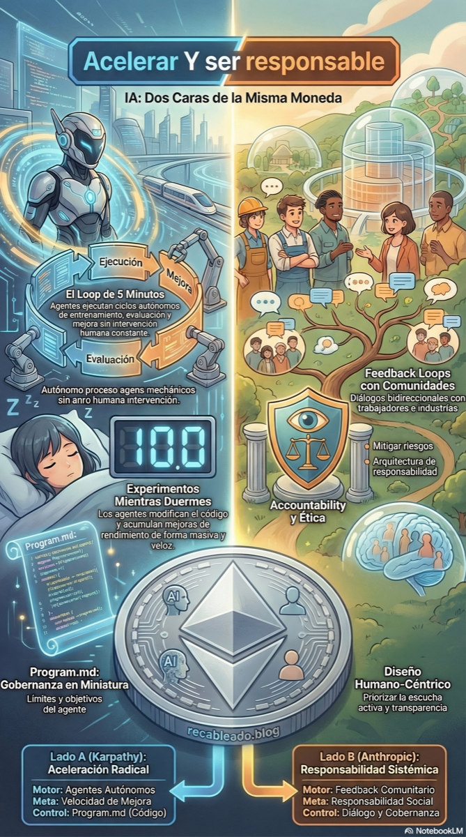 Infografía: Acelerar y ser responsable — IA: Dos Caras de la Misma Moneda. Lado A (Karpathy): Aceleración Radical. Lado B (Anthropic): Responsabilidad Sistémica.